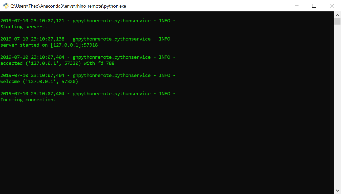 GHPython Remote Python service terminal window
