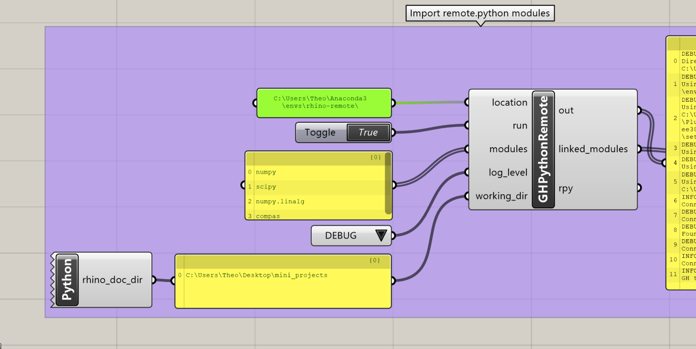 Python location panel showing path to rhino-remote Anaconda environment
