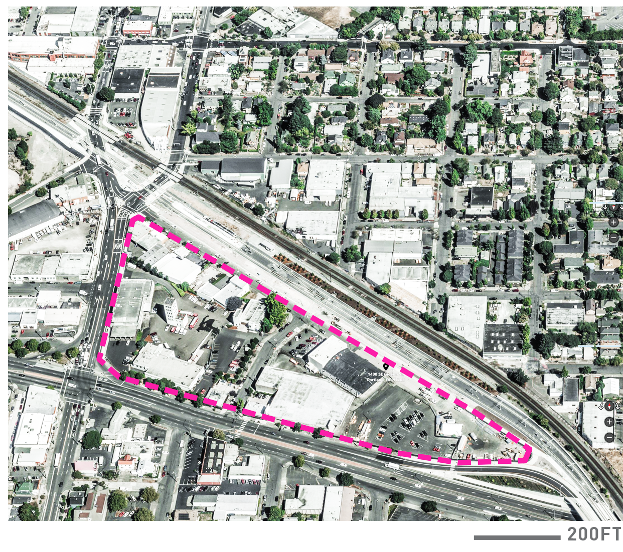 Clinton Triangle in Portland, OR site context map.